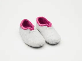 Women's grey and rapsberry felt and faux fur slippers