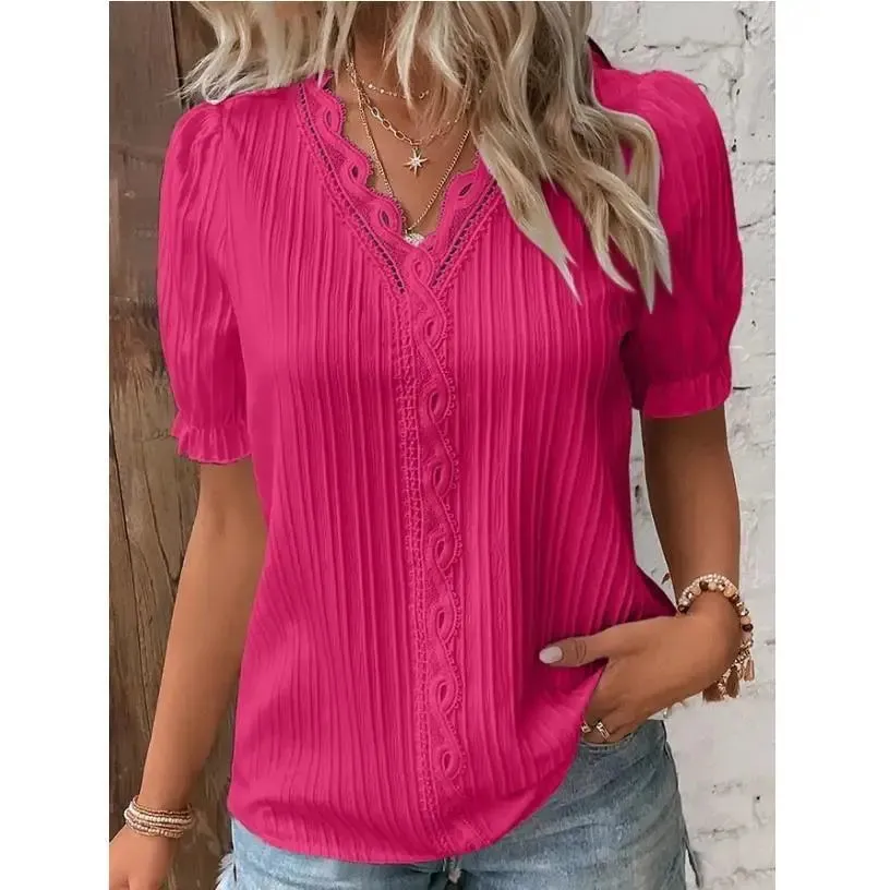 Women's Summer New Top 2024 Solid Sexy V-Neck Hollow Short Sleeve Shirt Fashion Splice Plus Size Blouse Loose Street Apparel