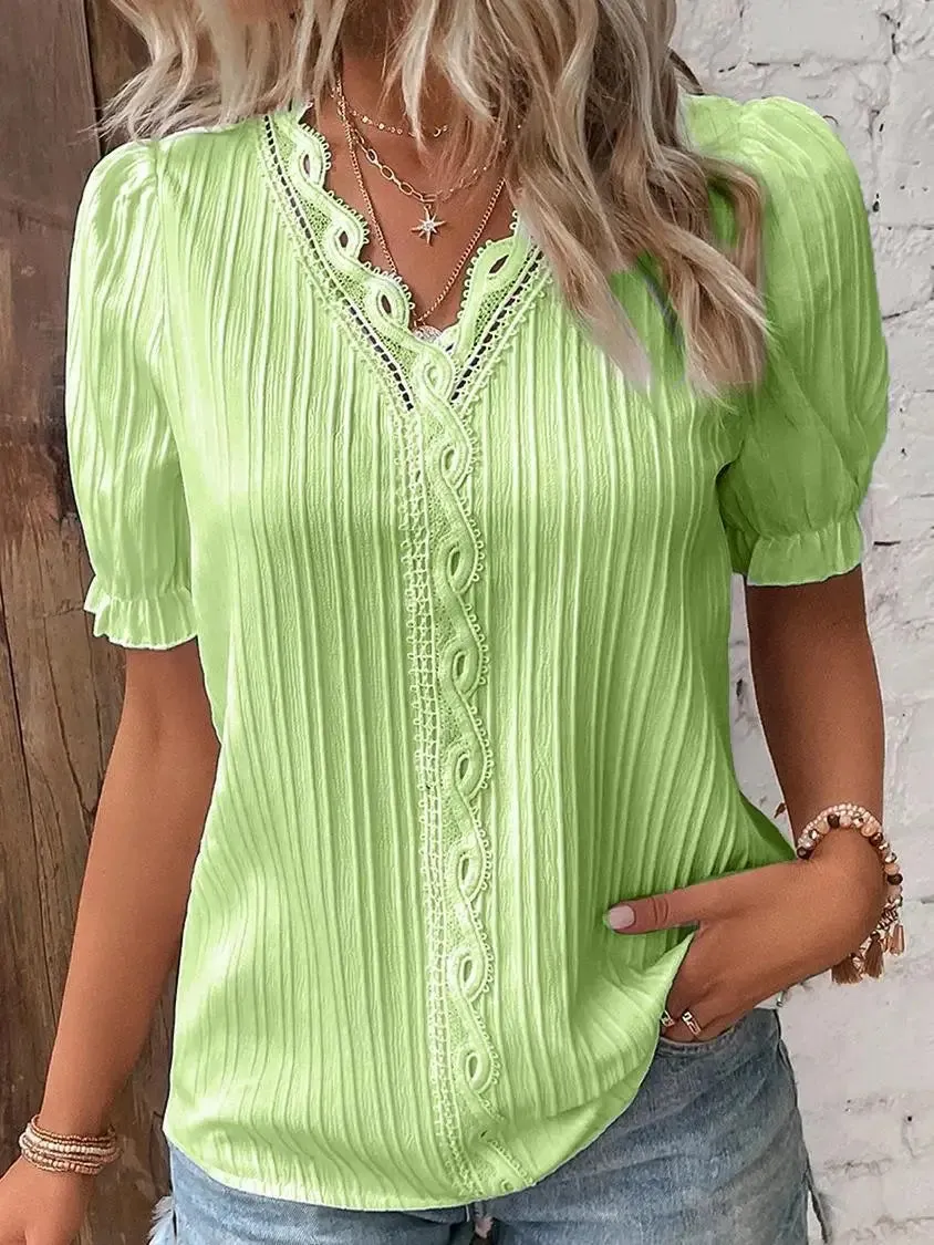 Women's Summer New Top 2024 Solid Sexy V-Neck Hollow Short Sleeve Shirt Fashion Splice Plus Size Blouse Loose Street Apparel