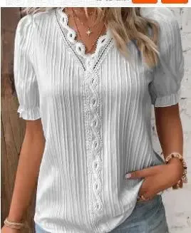 Women's Summer New Top 2024 Solid Sexy V-Neck Hollow Short Sleeve Shirt Fashion Splice Plus Size Blouse Loose Street Apparel