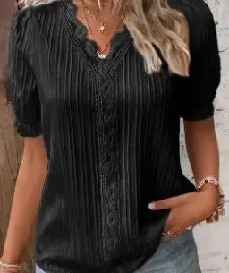 Women's Summer New Top 2024 Solid Sexy V-Neck Hollow Short Sleeve Shirt Fashion Splice Plus Size Blouse Loose Street Apparel