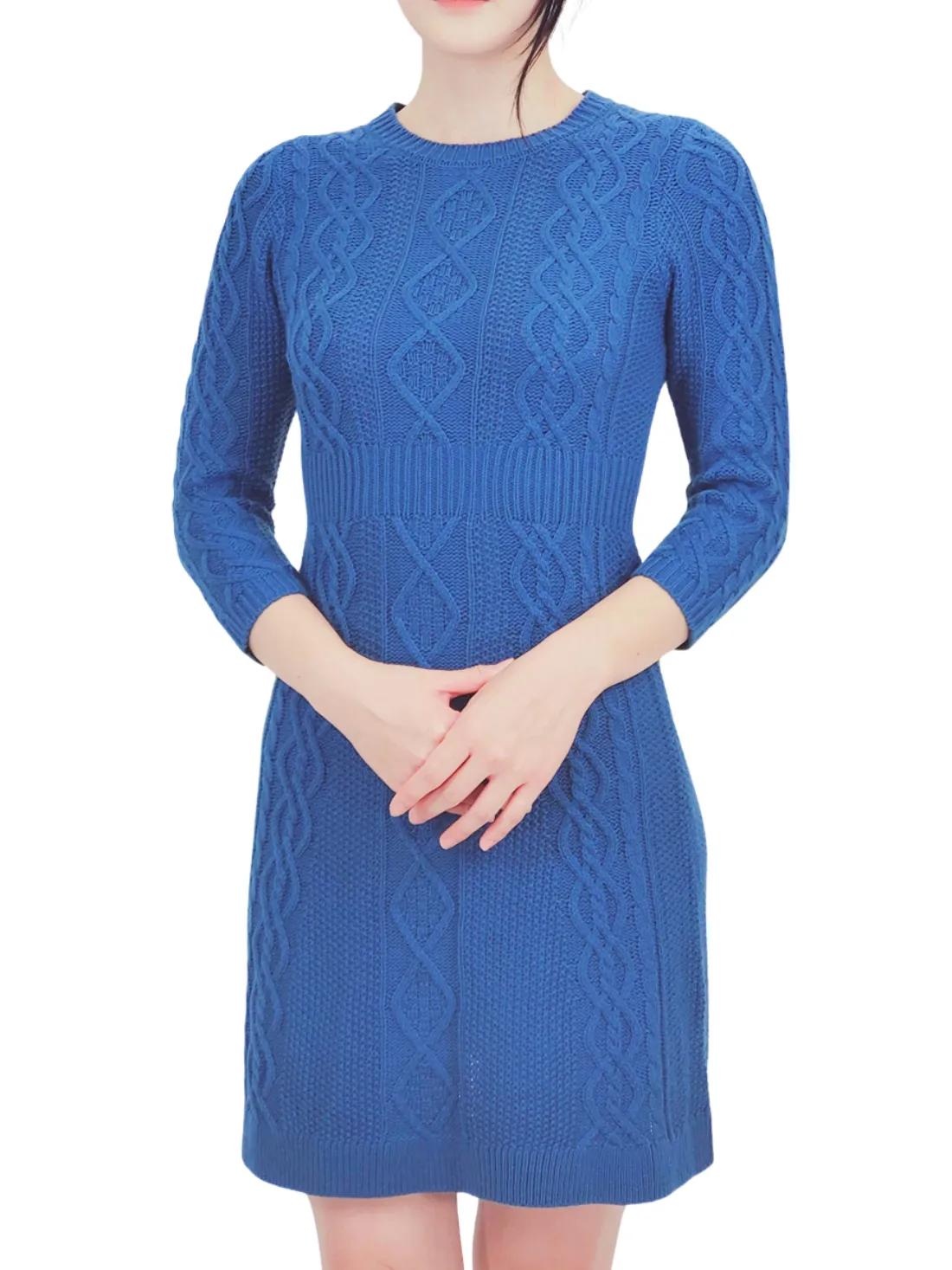 Yemak Women's Cable Knit Round Neck 3/4 Sleeves Mini Sweater Dress MK6018